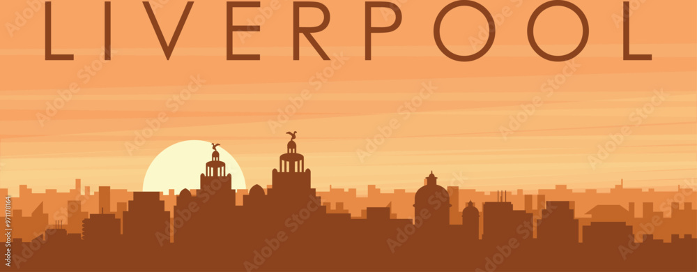 Brown panoramic poster of the city skyline with misty background buildings, sunrise, clouds and mountains of LIVERPOOL, UNITED KINGDOM Brown panoramic poster of the city skyline with misty background buildings, sunrise, clouds and mountains of LIVERPOOL, UNITED KINGDOM