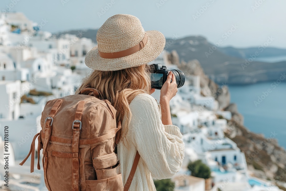 Obraz premium A woman equipped with a camera documents the beauty of a coastal village painted in white, harmoniously blending with its natural cliffside setting and deep blue sea.