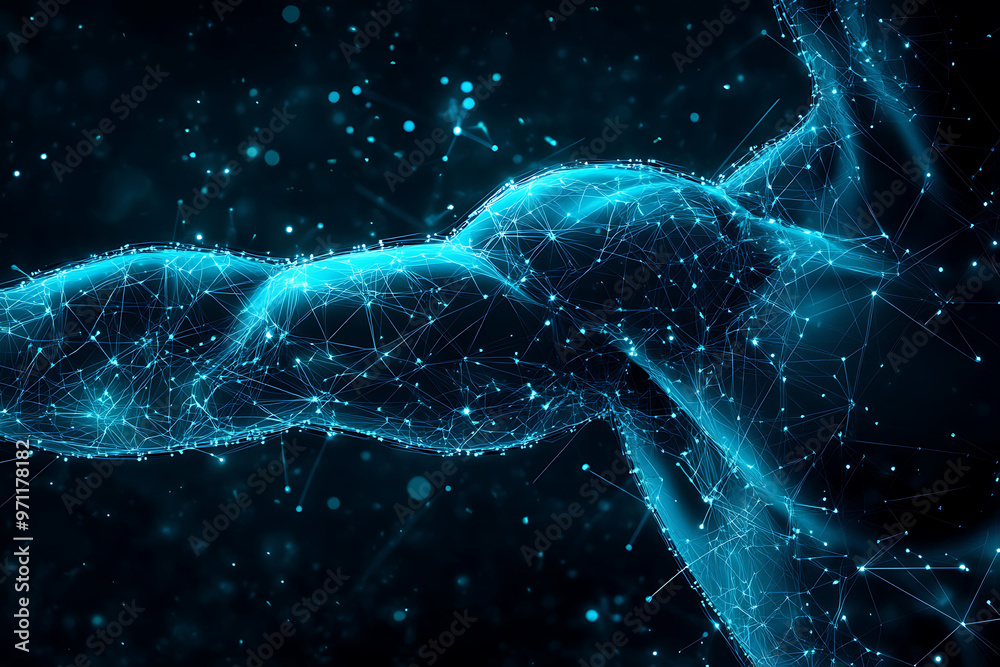 An abstract digital background featuring a human biceps with data connections in blue and black colors. An abstract digital background featuring a human biceps with data connections in blue and black colors.