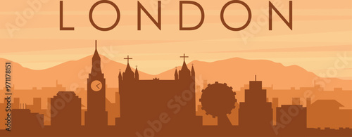 Brown panoramic poster of the city skyline with misty background buildings, sunrise, clouds and mountains of LONDON, U NITED KINGDOM