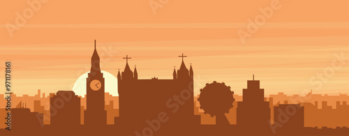 Brown panoramic poster of the city skyline with misty background buildings, sunrise, clouds and mountains of LONDON, U NITED KINGDOM