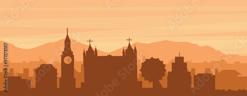 Brown panoramic poster of the city skyline with misty background buildings, sunrise, clouds and mountains of LONDON, U NITED KINGDOM