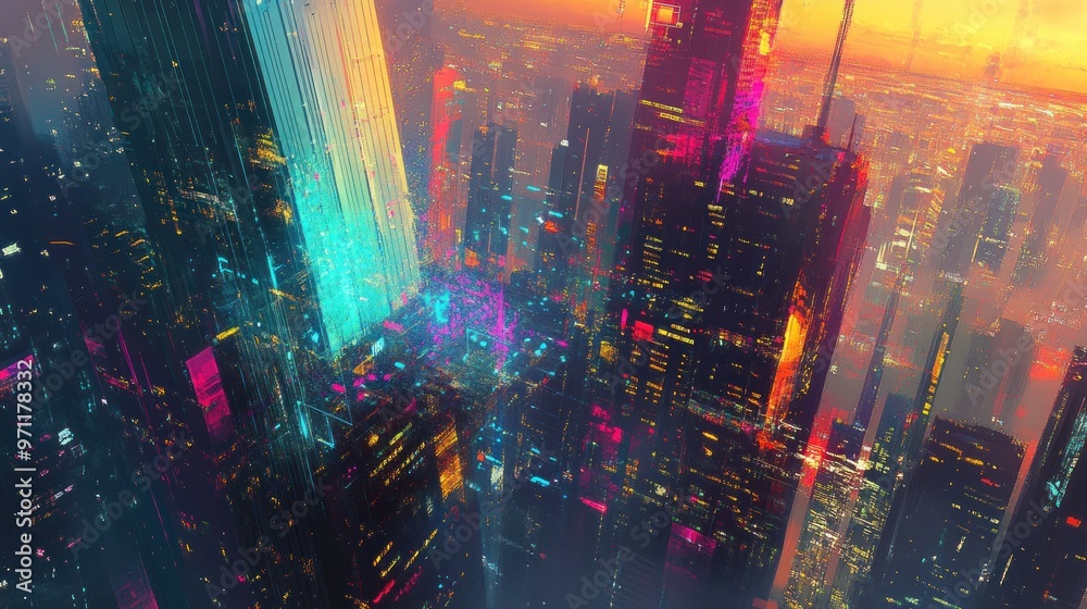 Fototapeta premium A vibrant, futuristic cityscape illuminated by neon lights at sunset.