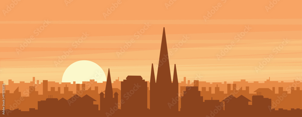 Brown panoramic poster of the city skyline with misty background buildings, sunrise, clouds and mountains of NORWICH, UNITED KINGDOM Brown panoramic poster of the city skyline with misty background buildings, sunrise, clouds and mountains of NORWICH, UNITED KINGDOM