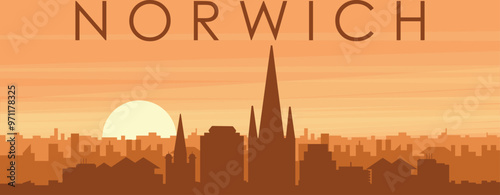 Brown panoramic poster of the city skyline with misty background buildings, sunrise, clouds and mountains of NORWICH, UNITED KINGDOM