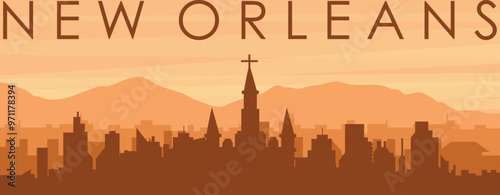 Brown panoramic poster of the city skyline with misty background buildings, sunrise, clouds and mountains of NEW ORLEANS, UNITED STATES