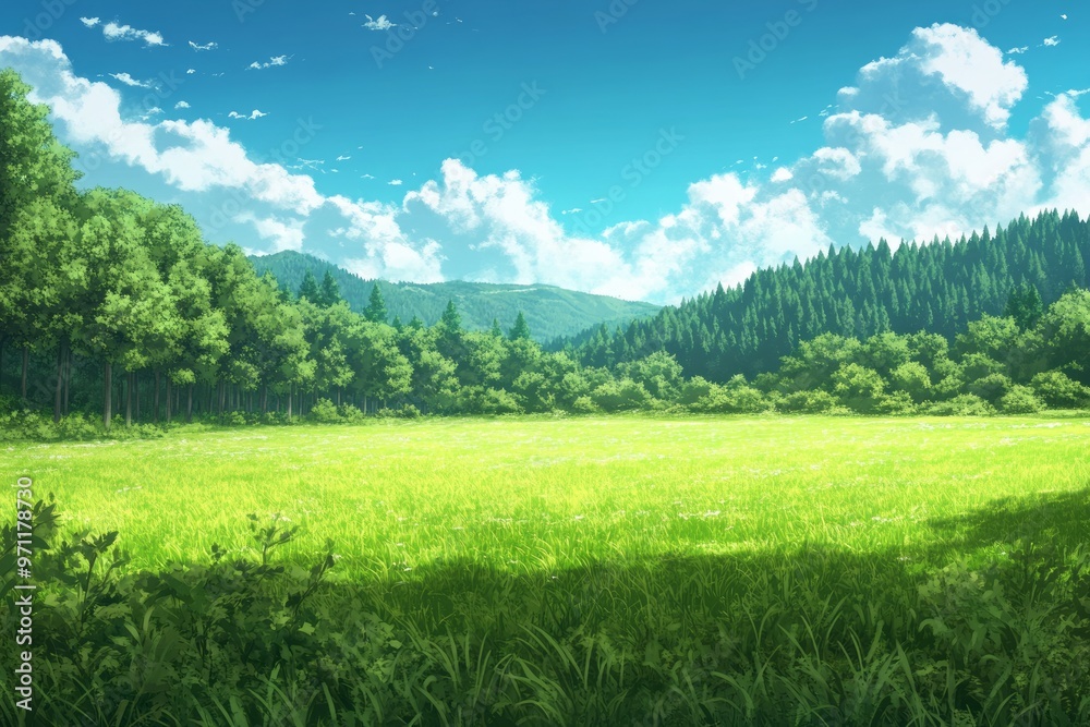 Fototapeta premium Serene Meadow Surrounded by Lush Green Forest under Clear Blue Sky
