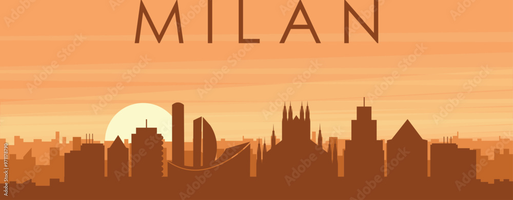 Brown panoramic poster of the city skyline with misty background buildings, sunrise, clouds and mountains of MILAN, ITALY Brown panoramic poster of the city skyline with misty background buildings, sunrise, clouds and mountains of MILAN, ITALY