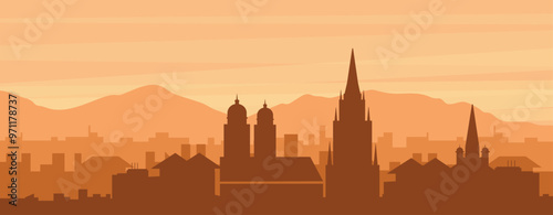 Brown panoramic poster of the city skyline with misty background buildings, sunrise, clouds and mountains of MUNICH, GERMANY