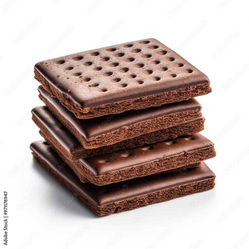 Square-shaped chocolate cookies side view isolated on a white background Square-shaped chocolate cookies side view isolated on a white background