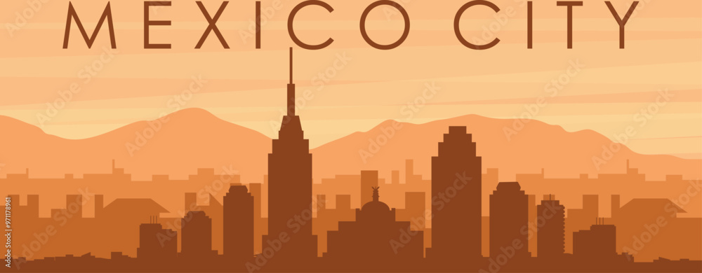 Brown panoramic poster of the city skyline with misty background buildings, sunrise, clouds and mountains of MEXICO CITY, MEXICO Brown panoramic poster of the city skyline with misty background buildings, sunrise, clouds and mountains of MEXICO CITY, MEXICO