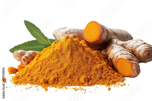 Close up of turmeric or curcuma longa with isolated powder on transparent background. PNG photo