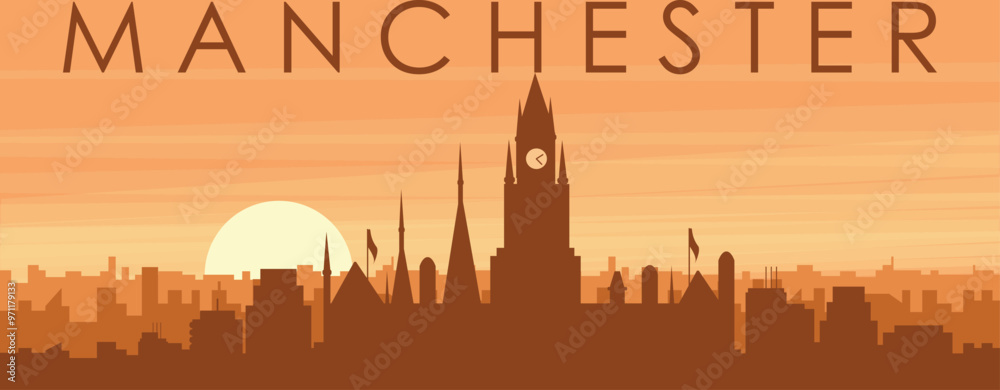 Brown panoramic poster of the city skyline with misty background buildings, sunrise, clouds and mountains of MANCHESTER, UNITED KINGDOM Brown panoramic poster of the city skyline with misty background buildings, sunrise, clouds and mountains of MANCHESTER, UNITED KINGDOM