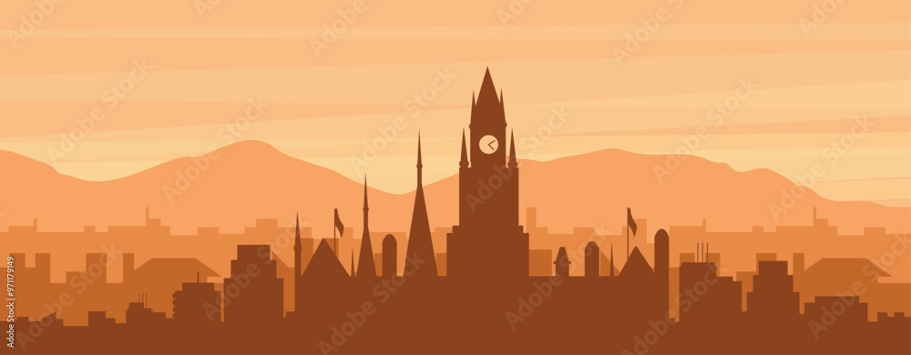 Brown panoramic poster of the city skyline with misty background buildings, sunrise, clouds and mountains of MANCHESTER, UNITED KINGDOM Brown panoramic poster of the city skyline with misty background buildings, sunrise, clouds and mountains of MANCHESTER, UNITED KINGDOM
