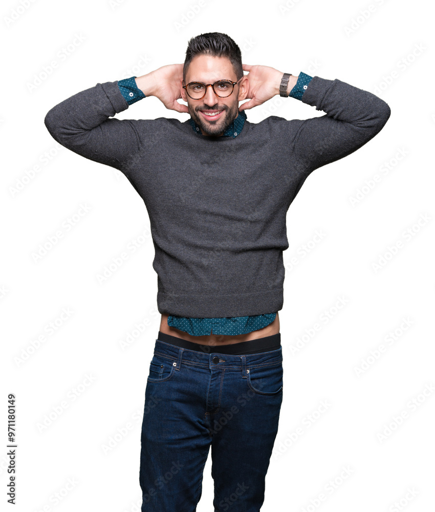 Young handsome man wearing glasses over isolated background Relaxing and stretching with arms and hands behind head and neck, smiling happy Young handsome man wearing glasses over isolated background Relaxing and stretching with arms and hands behind head and neck, smiling happy