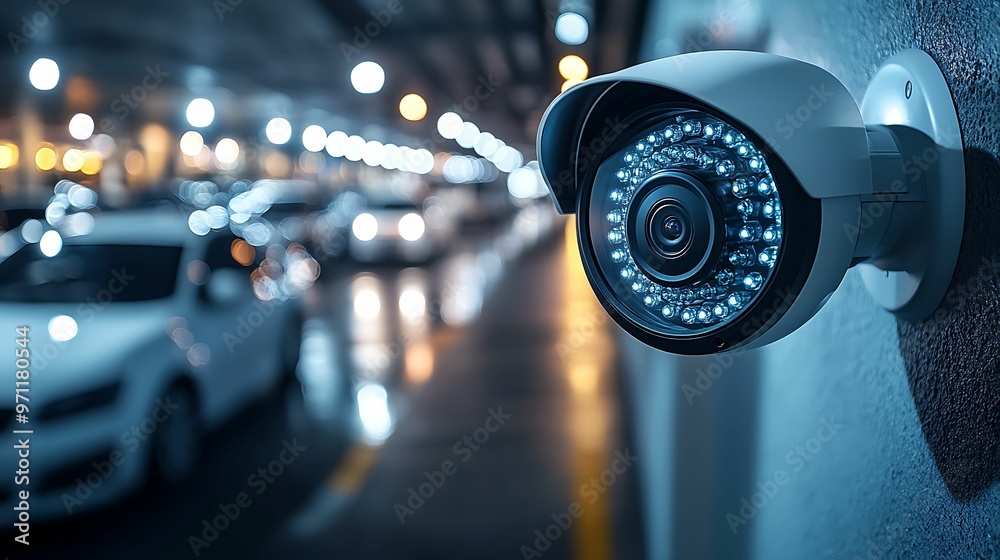 A high-tech security camera with night vision monitors a well-lit parking lot, providing surveillance and safety for parked vehicles. A high-tech security camera with night vision monitors a well-lit parking lot, providing surveillance and safety for parked vehicles.