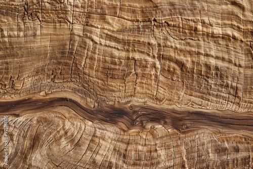 A detailed close-up of a natural wood grain texture, showcasing the intricate patterns and rich brown tones.