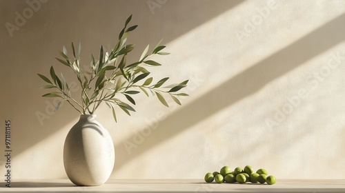 Olive Branch in Vase with Sun Rays and Minimalist Background. AI generated illustration