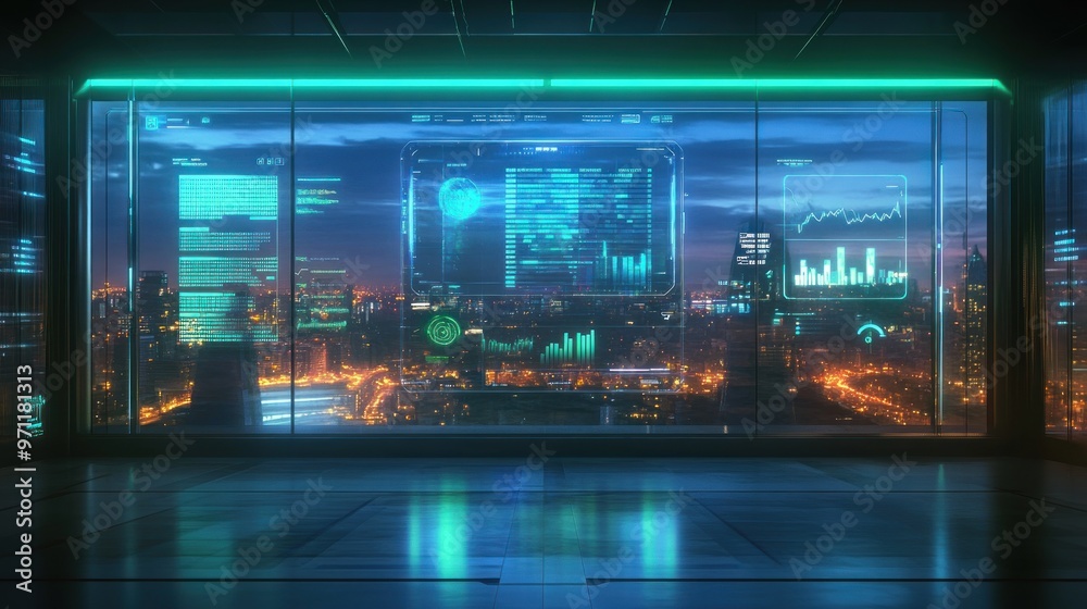 Naklejka premium Futuristic cityscape with digital interfaces and data displays at night.