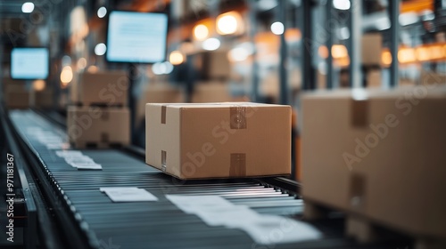 Close-Up of Boxes on Conveyor Belt in Warehouse with Blurred Office Background. AI generated illustration