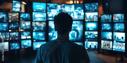 Individual viewing multiple screens displaying dynamic digital content in a darkened room late at night. Generative AI
