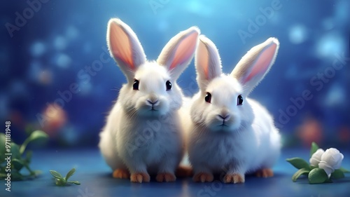 cute bunny couple in a blue night background