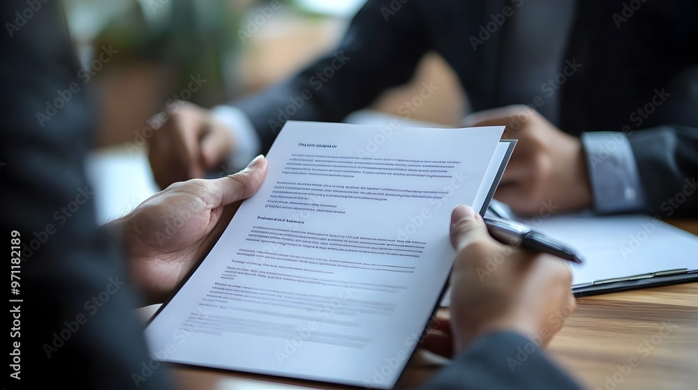 Hands Holding Resume During Job Interview with Corporate Background Hands Holding Resume During Job Interview with Corporate Background