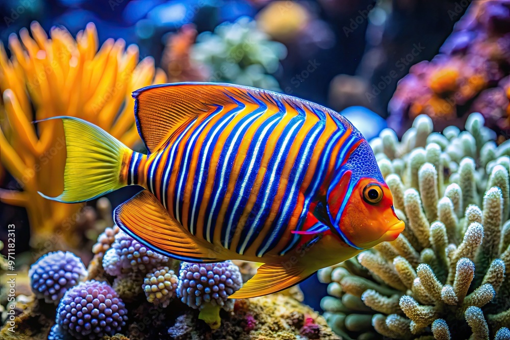 Vibrant orange and blue bandit angelfish swims amidst coral reef, its striped body and flowing fins majestically displayed in a sunny Caribbean Sea aquarium. Vibrant orange and blue bandit angelfish swims amidst coral reef, its striped body and flowing fins majestically displayed in a sunny Caribbean Sea aquarium.