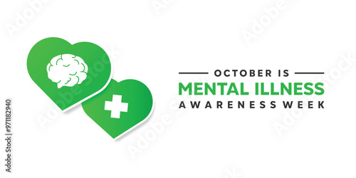 Mental Illness Awareness Week. Heart, brain and plus icon. Great for cards, banners, posters, social media and more. White background.