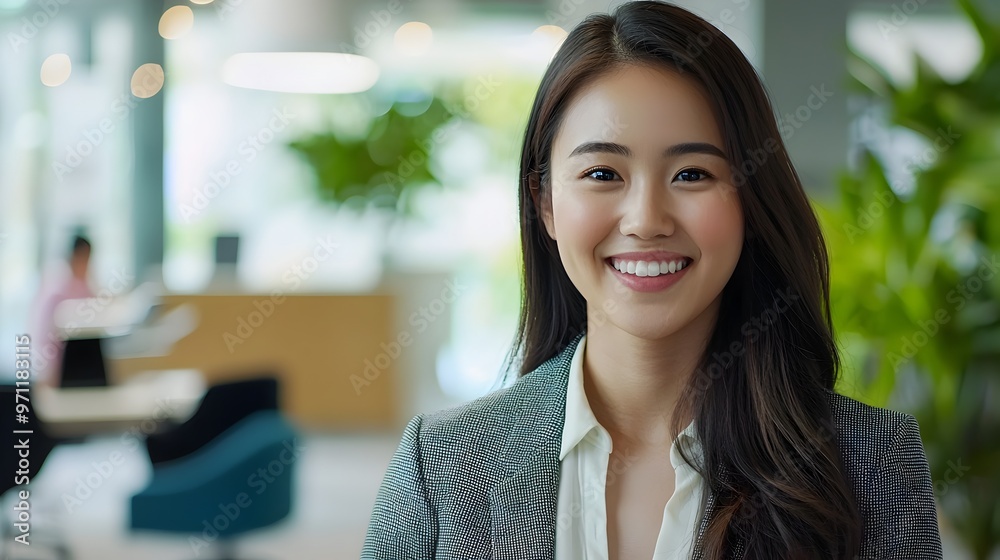 Obraz premium Vibrant Asian Woman Confidently Answering Interview Questions in Office Setting