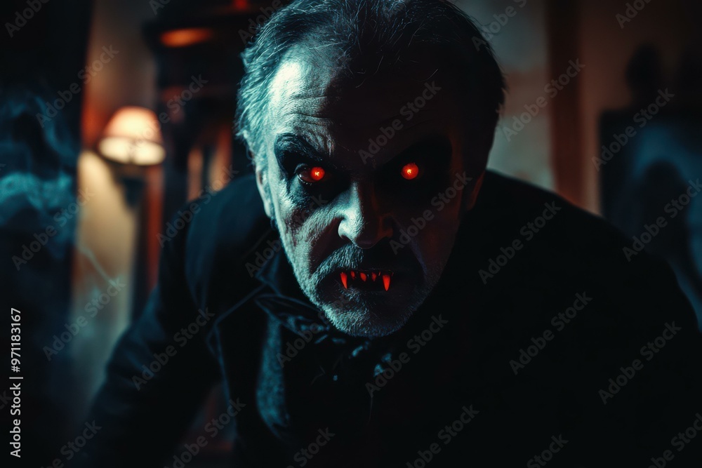 Terrifying Vampire Man with Glowing Red Eyes in Dark Setting - Horror-themed character for Halloween promotions Terrifying Vampire Man with Glowing Red Eyes in Dark Setting - Horror-themed character for Halloween promotions