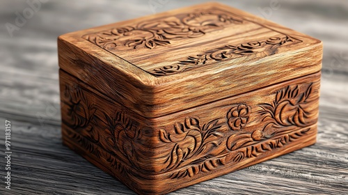 Custom wooden keepsake box with engraved design, rustic finish, 3D illustration photo