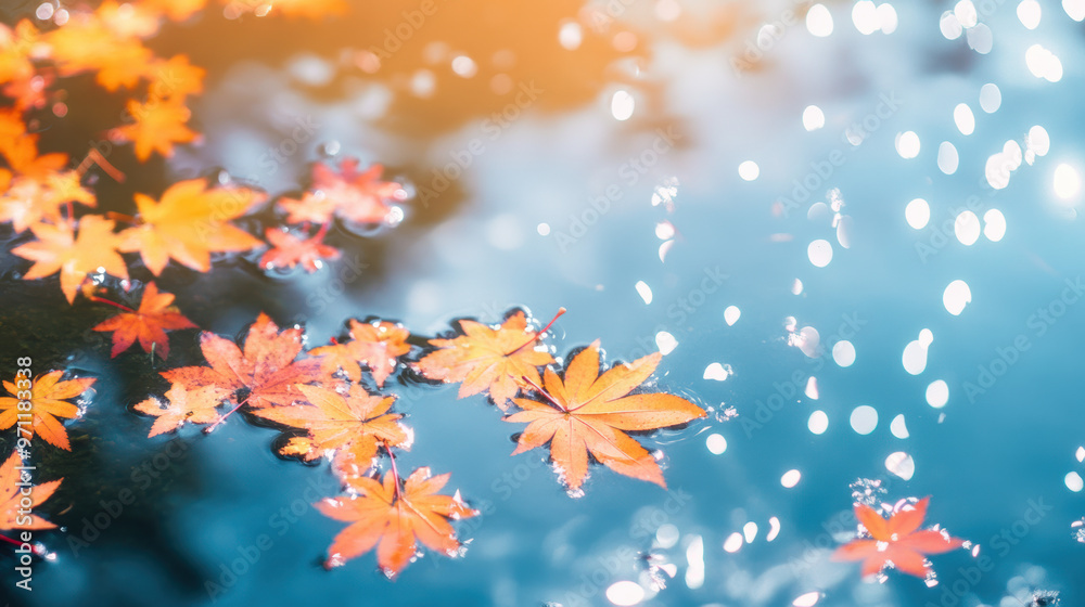 Serene scene of vibrant red autumn leaves floating on tranquil water surface with bokeh light reflections, invoking calm and peaceful feelings. Serene scene of vibrant red autumn leaves floating on tranquil water surface with bokeh light reflections, invoking calm and peaceful feelings.