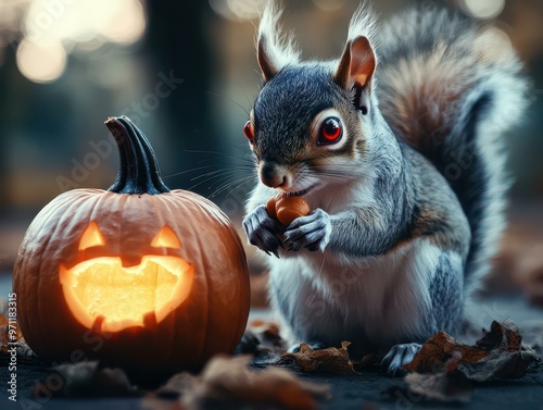 Cute Squirrel with Halloween Pumpkin, Autumn Leaves Background - Halloween Wildlife Photography photo