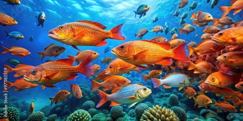 Vibrant orange and blue perico fish swimming in a coral reef, its iridescent scales catching sunlight, amidst schools of smaller fish in a turquoise ocean. photo