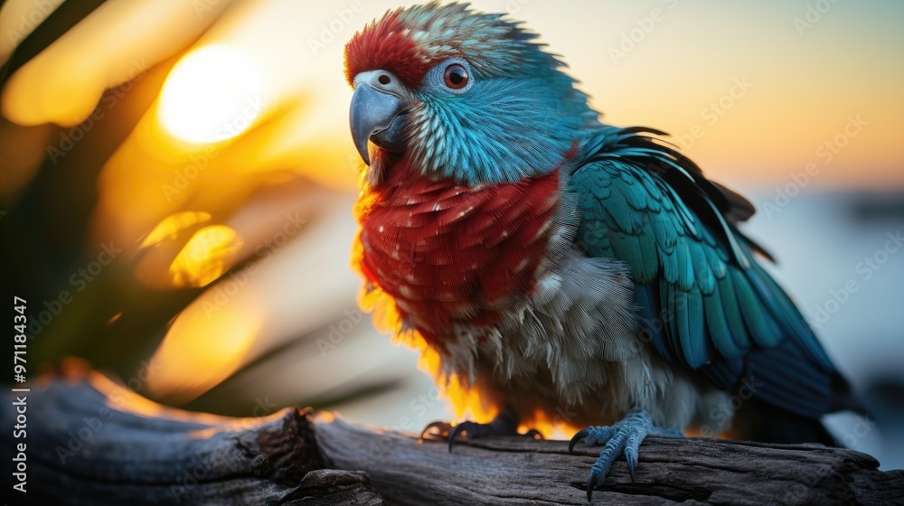 Naklejka premium Palms beach synthwave sunset skyline birds retro 80's shadow 