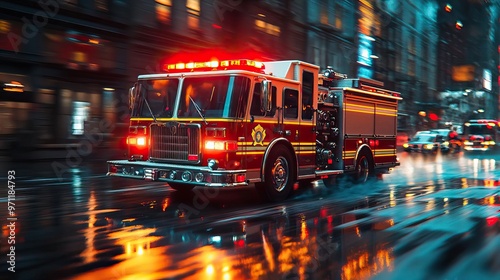 A vibrant scene of a fire truck racing through a rainy city street at night, showcasing emergency response in action.