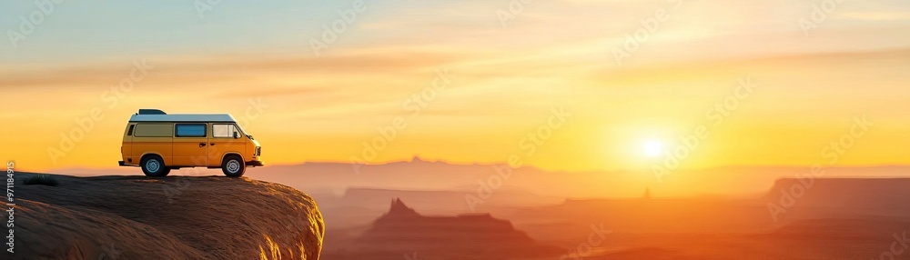 Fototapeta premium A vintage yellow van parked on the edge of a cliff, capturing a breathtaking sunset over a vast landscape.