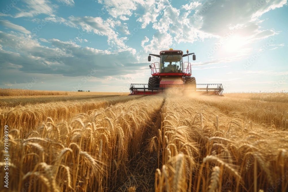 Fototapeta premium Red combine harvester working a wheat field under a blue sky with fluffy clouds