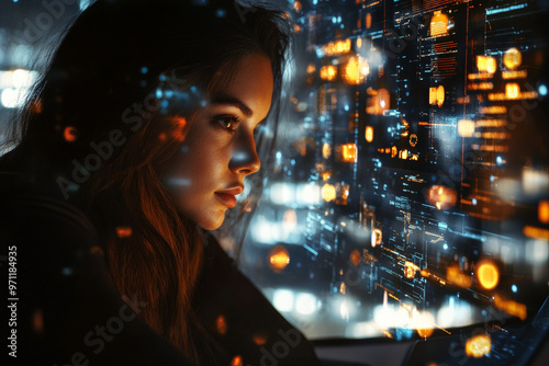 A businesswoman working late in a modern office, her face illuminated by the glow of a laptop screen, surrounded by holographic displays of global data networks and artificial intelligence algorithms,