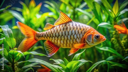 Vibrant orange and silver tiger fish swim amidst lush aquatic plants and subtle water ripples in a serene, sun-drenched freshwater aquarium environment.