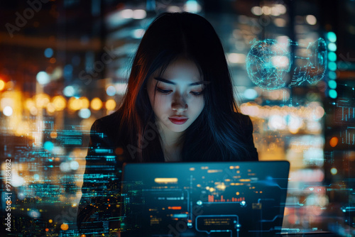 A businesswoman working late in a modern office, her face illuminated by the glow of a laptop screen, surrounded by holographic displays of global data networks and artificial intelligence algorithms,