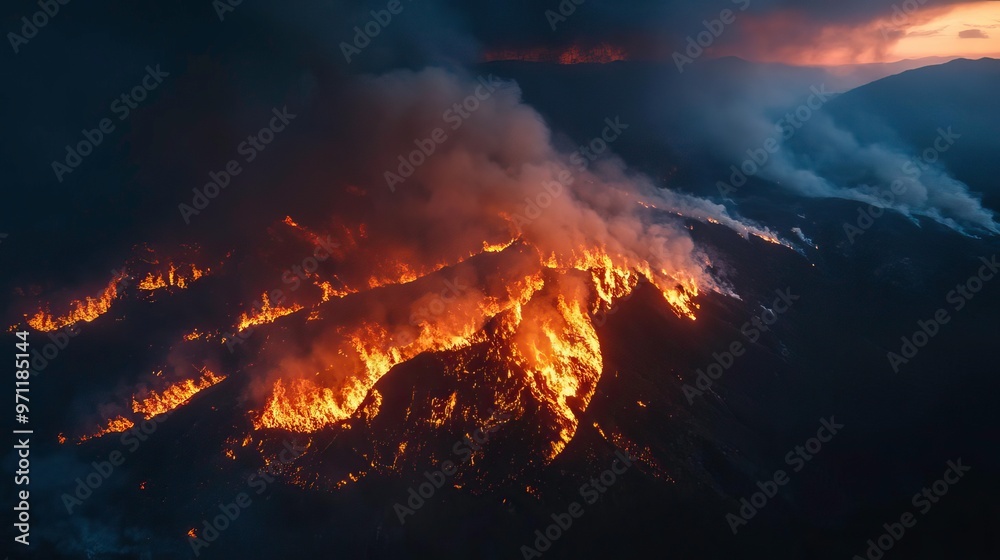 Aerial view of a mountain landscape engulfed in flames, showcasing the intensity of a wildfire under a dramatic sunset sky. Aerial view of a mountain landscape engulfed in flames, showcasing the intensity of a wildfire under a dramatic sunset sky.