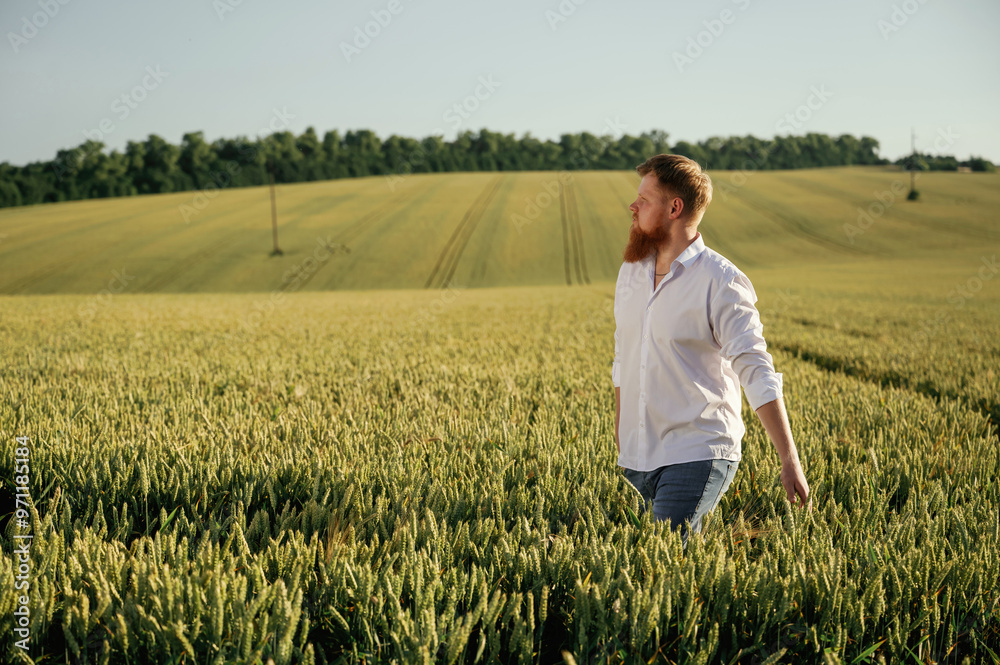 Having a walk. Man in white shirt is on the agricultural field Having a walk. Man in white shirt is on the agricultural field