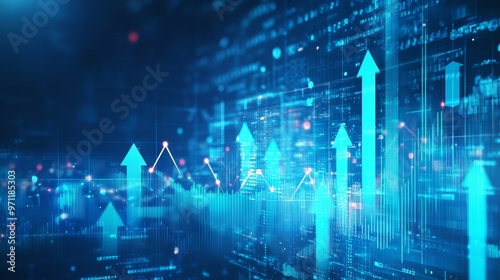 Blue Background with Upward Arrows and Growing Stock Market Graphs. AI generated illustration