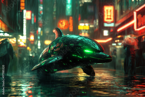 A cybernetic dolphin with glowing green eyes swimming through a rain-drenched futuristic city canal, neon lights reflecting off its metallic skin. photo