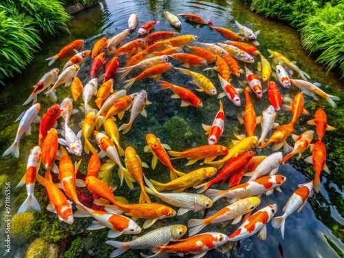 Vibrant orange and white koi fish form a mesmerizing circle, their scales shimmering in the sunlight-dappled water of a serene, lushly vegetated pond. photo