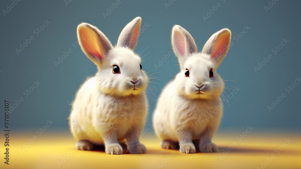 Fototapeta premium cute bunny couple in a blue background