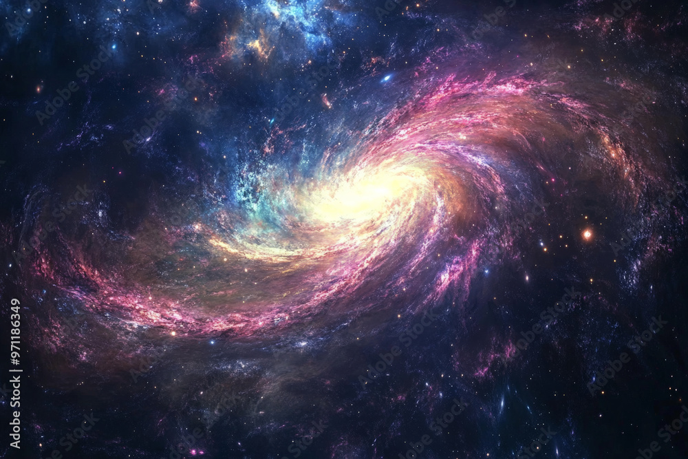 A dynamic galaxy spiraling through space, nebulae glowing in vibrant pinks and blues, with a powerful galactic core radiating energy, distant planets illuminated by cosmic waves. A dynamic galaxy spiraling through space, nebulae glowing in vibrant pinks and blues, with a powerful galactic core radiating energy, distant planets illuminated by cosmic waves.