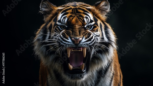 An angry tiger showing its teeth, against a black background
